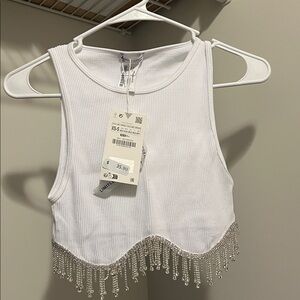 White Crop Top with Beaded Fringe